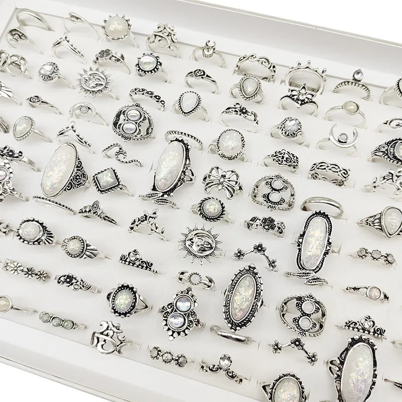 50pcsLot Wholesale Big Opal Carved Finger Rings for Women Party Beauty Crystal Flower Moon Sun Skull Crown Bar Jewelry 251031