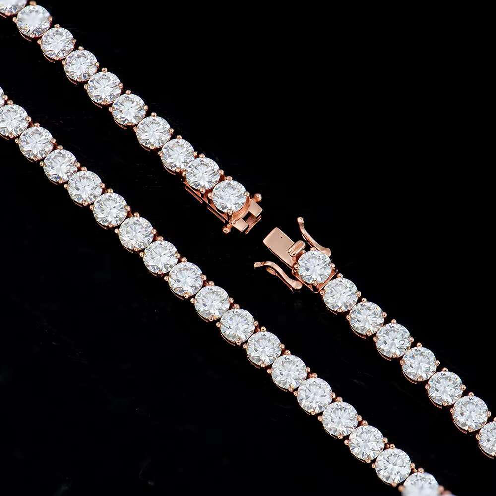 Stock Available Hiphop Jewelry 5mm Sier Rose Gold Plated Tennis Link Chain Round Brilliant Cut Moissanite Necklace