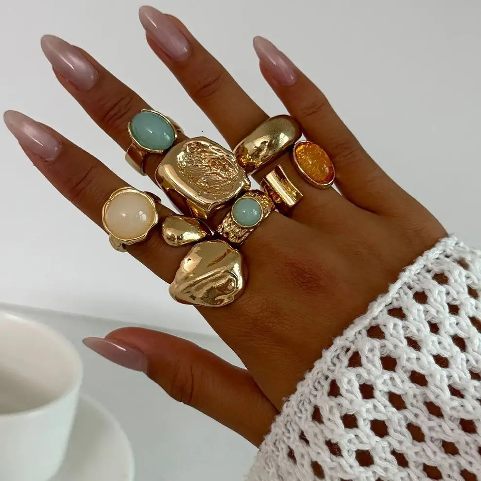 DIEZI 7pcsset Vintage Multicolor Acrylic Rings For Women Men Punk Irregular Geometric Metal Open Knuckle Joint Ring Jewelry 251031