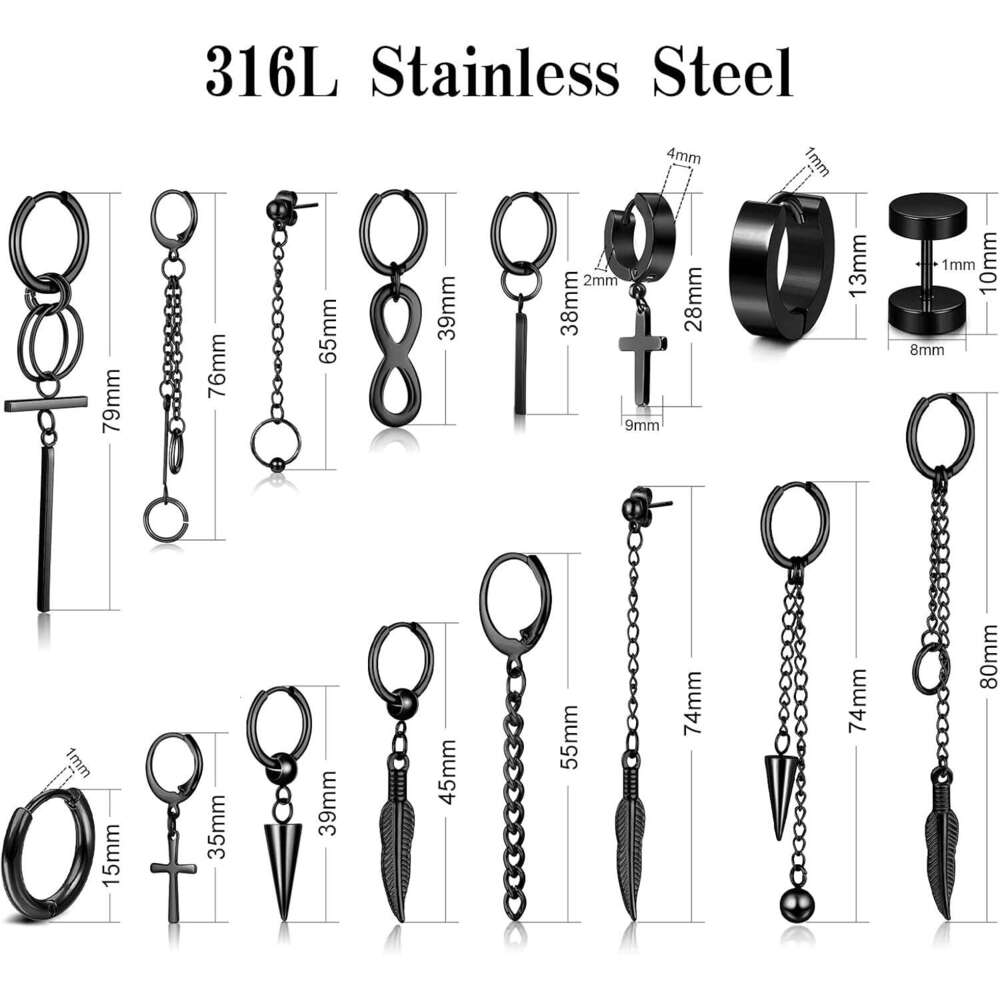 Cross Dangle Men 20 Pieces, Stainless Steel Stud Hinged Hoop Earrings, Long Chain Kpop Earrings for Women, Black and Sier