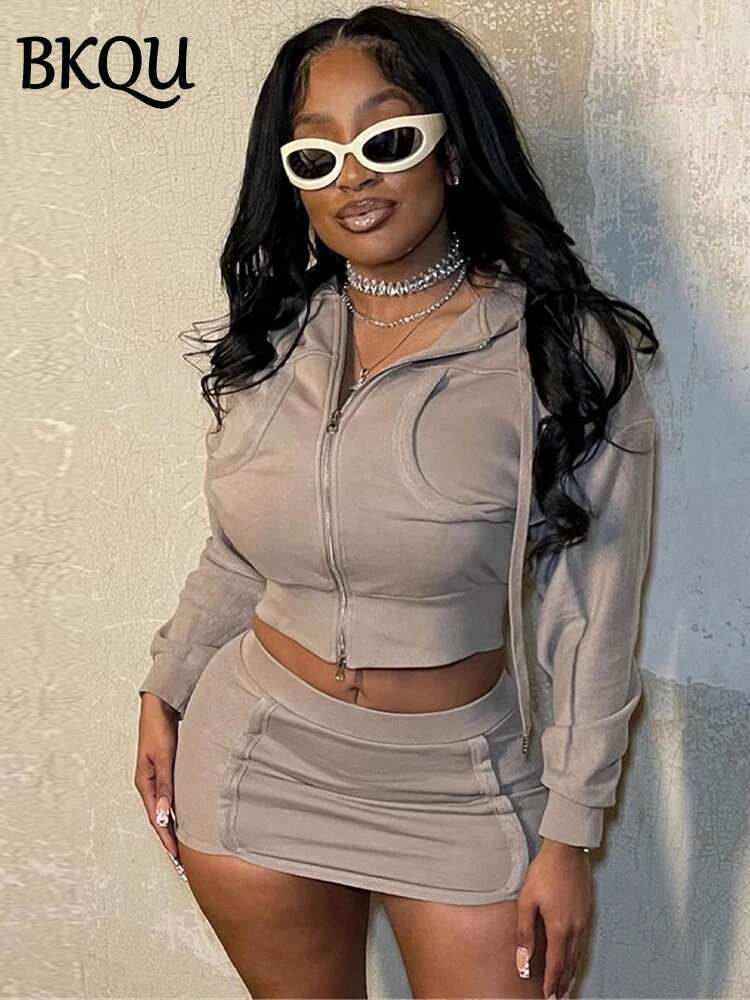 Casual Hoodie 2 Piece Women Sets Autumn Fashion Crop Zipper Jacket And Hip Wrap Mini Skirt Matching Tracksuit Outfits