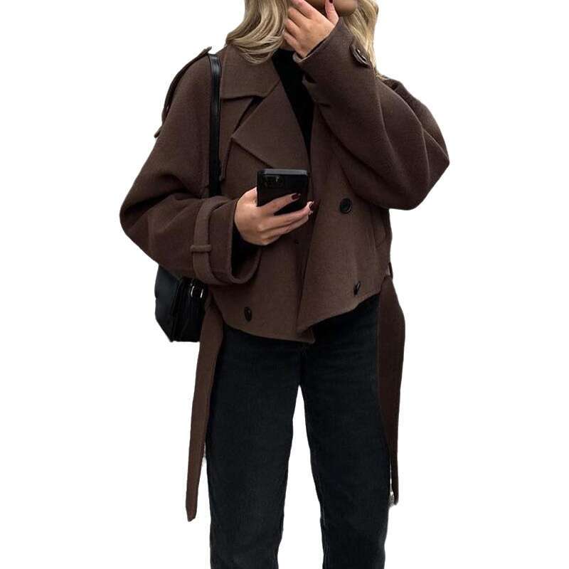 2025 Autumn Winter European and American Cross-Border Women's Woolen Coat Elegant Comfortable Suit Collar Tie Long Sleeve Jacket for Women