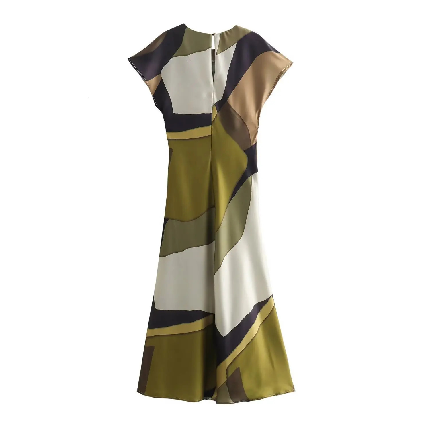 ZBZA Womens Geometric Printed Midi Dress with Folded Round Neck Short Sleeve Back Button Casual Aline Summer Fashion 250402m