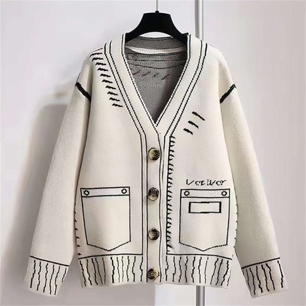 2025 Spring Autumn New Loose Lazy Style Sweater for Women with Pockets in Black and White Oversized Knitted Cardigan Jacket