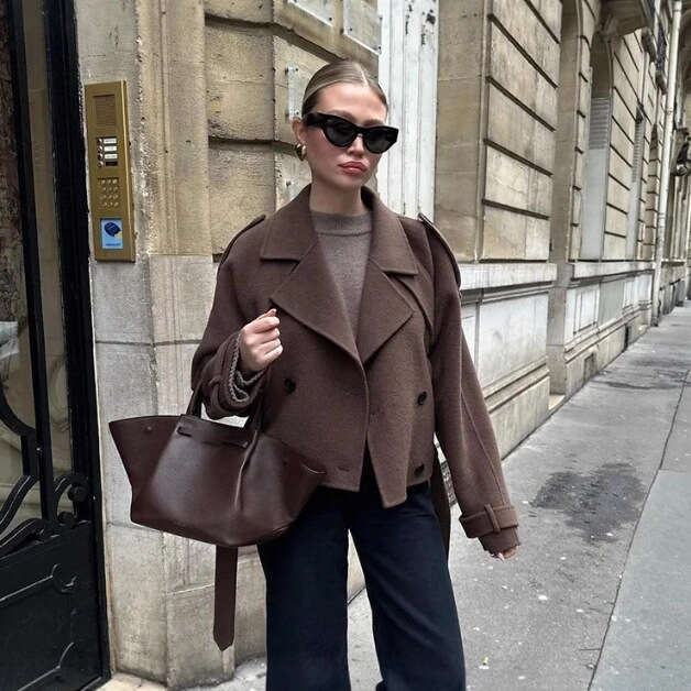 2025 Autumn Winter European and American Cross-Border Women's Woolen Coat Elegant Comfortable Suit Collar Tie Long Sleeve Jacket for Women