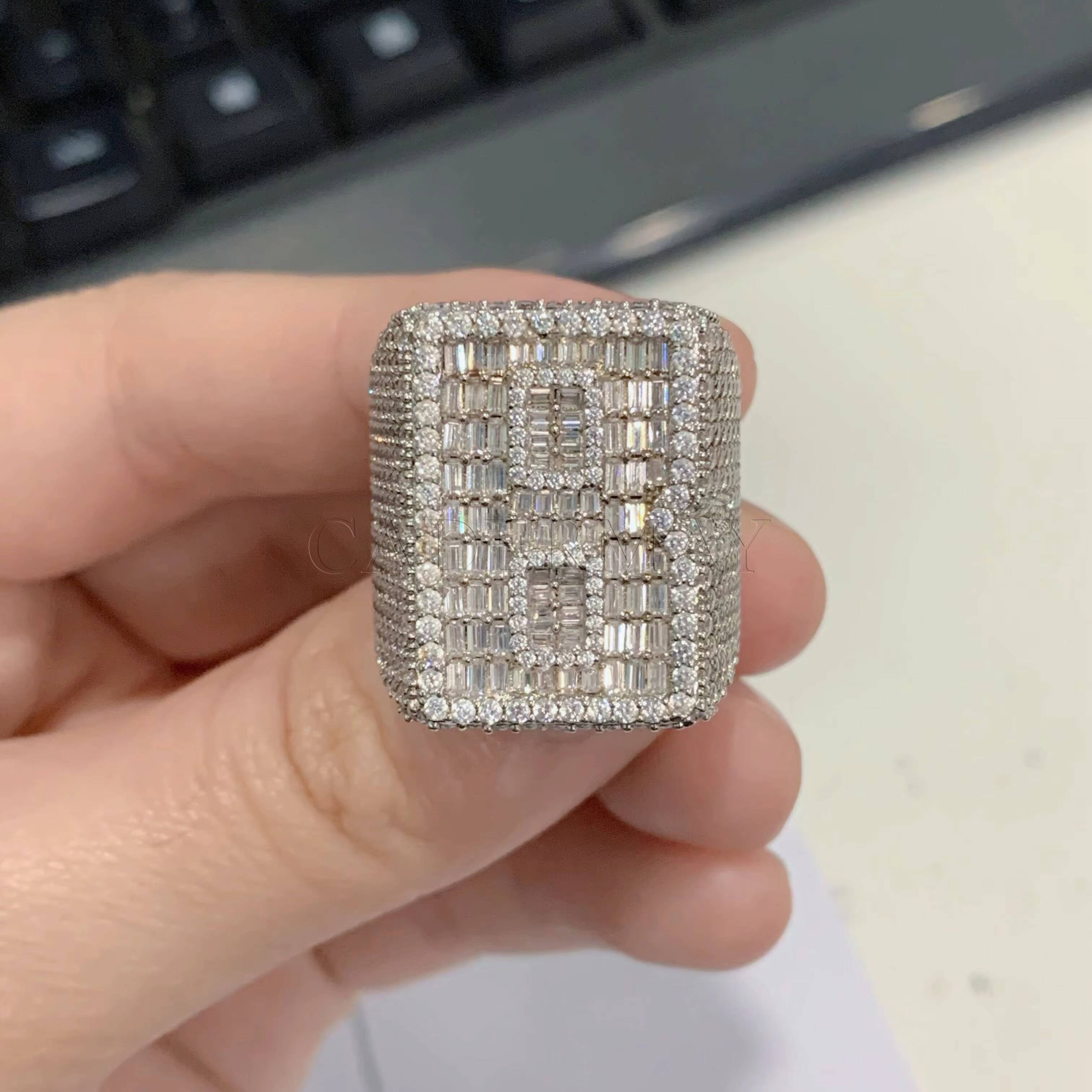 HipHop Jewelry Customize Moissanite Ring Men Iced Out B Letter 925 Sterling Silver D VVS Baguette Moissanite Pinky Ring