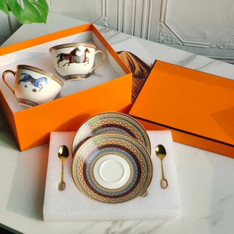 Oriental Steed Bone China Cups Dishes 2 Spoons Coffee Tea Cup Set 222