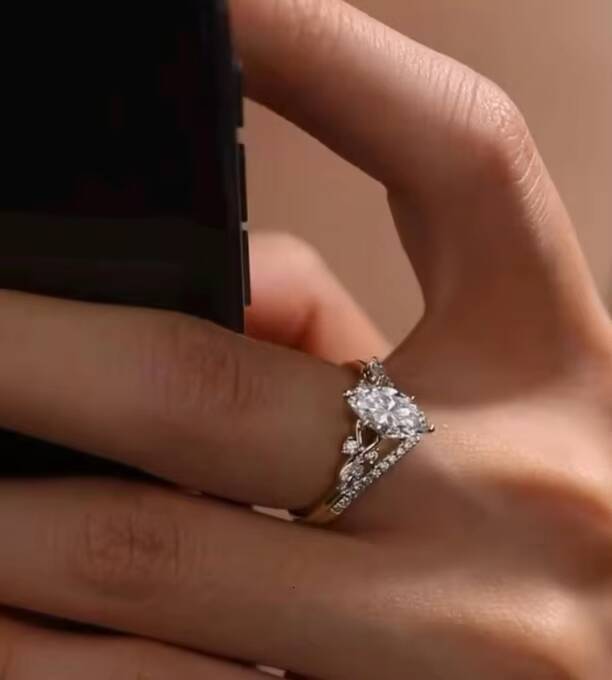 S925 Silver 15 CT Marquise Moissanite Diamond Engagement Ring Set Unique Rose Gold Diamond Leaf Band Bridal Set Promise Ring