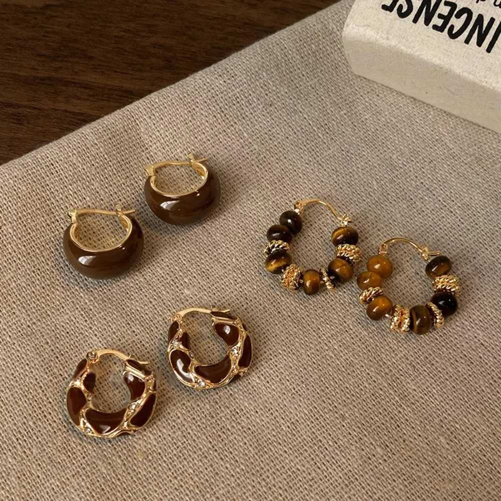 Vintage Brown Enamel Zircon Ring Earrings Suitable for Women Exquisite Stainless Steel Beads Bridal Jewelry Accessories Y250401