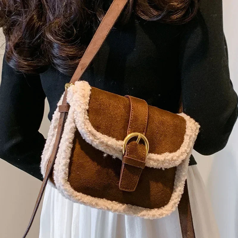 Autumn Winter Plush Bag Womens Korean Retro Small Square Handbags Suede Lamb Wool Patchwork Shoulder Crossbody Bags 251030