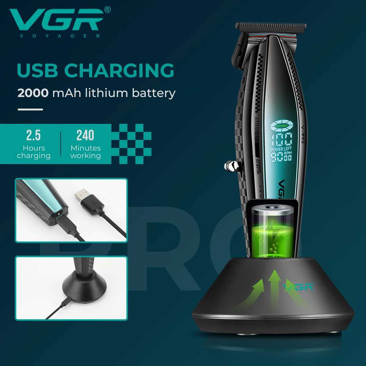 VGR V-992 V-270 high-end mens hair clip with gradient color body professional hair clip with LCD digital display and pus W250402