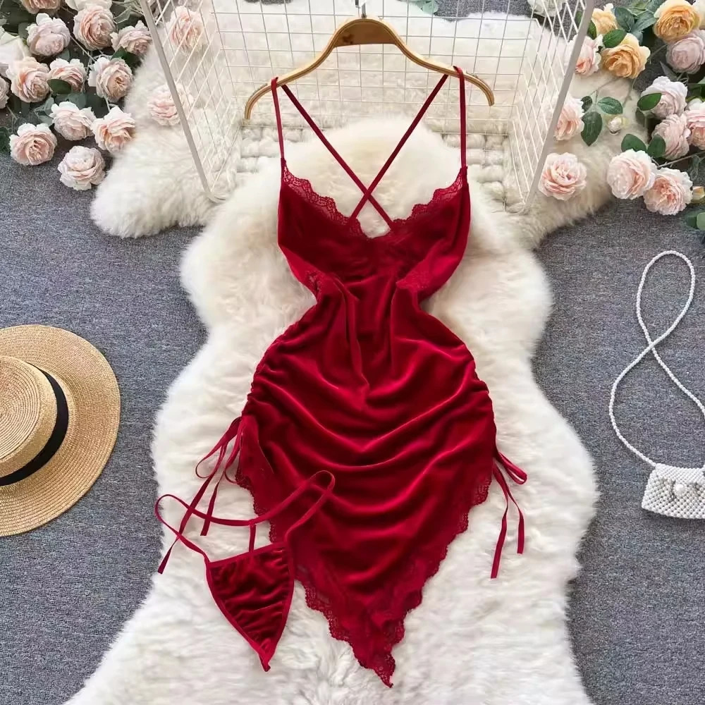 Womens sexy red pleated mini dress without back spaghetti strap drawstring body party with thong 250402m