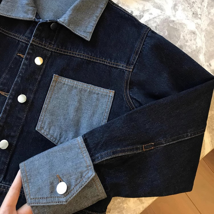 Color blocked denim jacket for women early spring 2024 new item casual loose short lapel dark blue jacket for women 230726