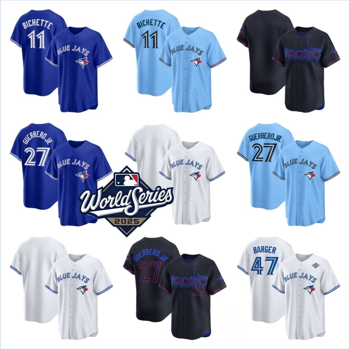 MLB 2025 World Series Baseball Toronto Blue''Jays''Jersey Joe Carter 39 Trey Yesavage 27 Vladimir Guerrero Jr. 11 Bo Bichette 4 George Springer 30 Kirk Daulton Varsho