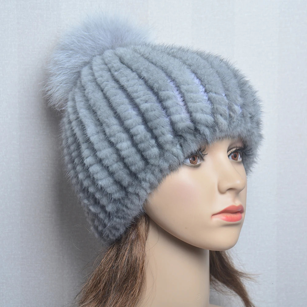 Winter Women Natural Mink Fur Hat Hand Knitted Warm 100 Genuine Mink Fur Cap Russia Lady Real Mink Fur And Fox Fur Pompoms Hats 251028ww