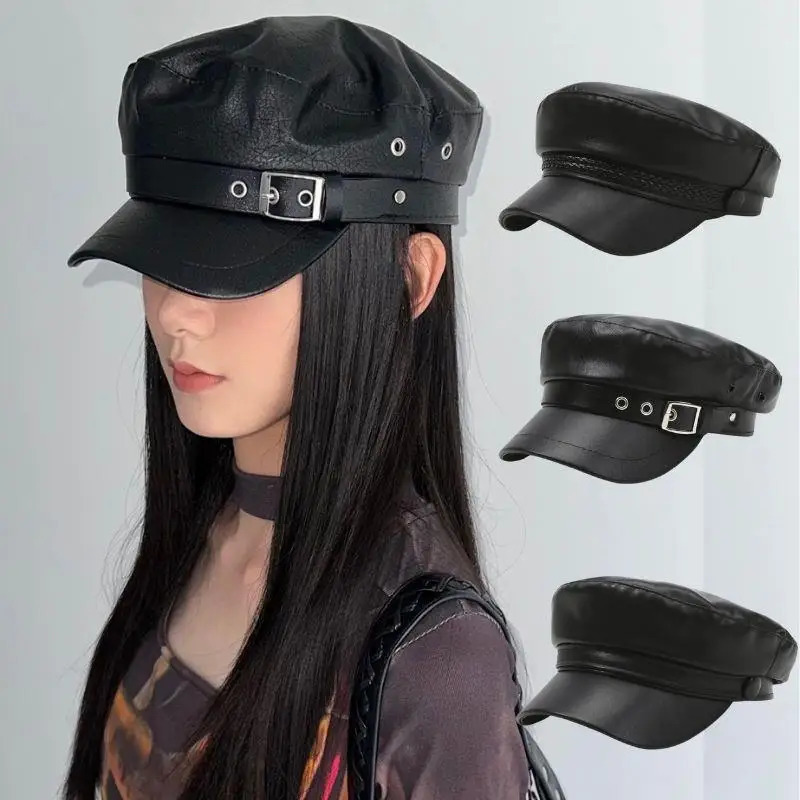 Trendy PU Leather Beret Hat Gothic Lolita Punk Cap Versatile Beret Retro Flat Tops Visor sboy Cap Painter Hat Octagonal Cap 251031