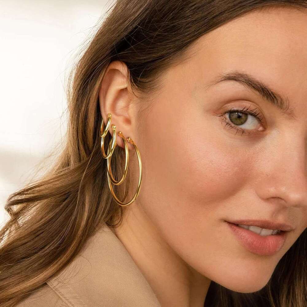 Set Women,14k Plated Hoops with Sterg Sier Post Hypoallergenic Thin Hoop Gold Earrings for Girls Trendy Jewelry Gifts
