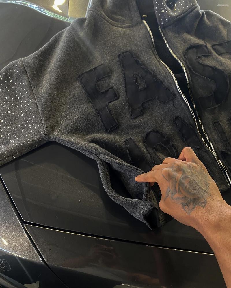 Mens Hoodies FAST MONEY INVERSE Letter Patchwork Gothic Zipper Hoodie Black Loose Rhinestone Embroidery Crop Top Retro Street R250714