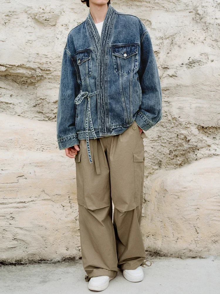 Spring Stylish Denim Jackets for Mens Streetwear Fashion Irregular Wrap V Neck Jean Cardigan Men Vintage Laceup Jean Coat 251030