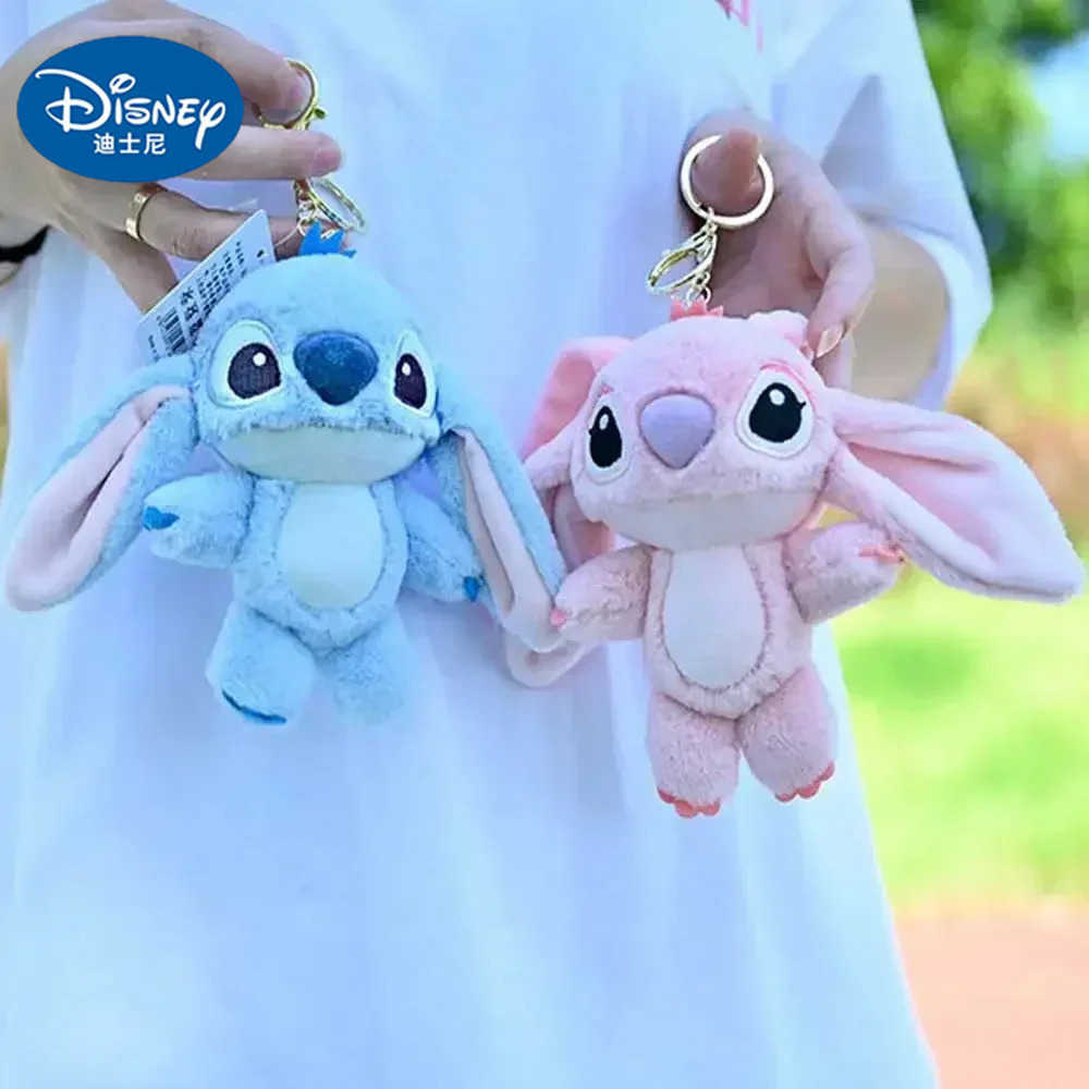 Disney Miniso Kawaii Sewing Plush Keychain Toy Cute Lilo Stitch Doll Angel Plush Cute Filling Bag Pendant Girl Birthday Gift Y250402