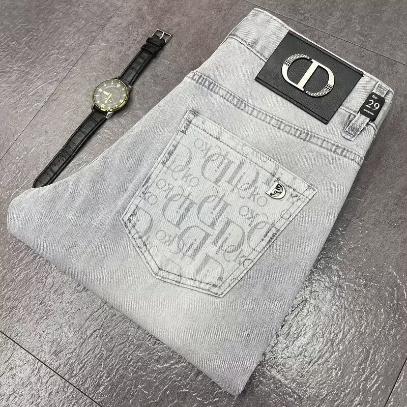 Free shipping spring summer new jeans Men's fashion embroidery black stretch slim pants Fashion casual long pants blue