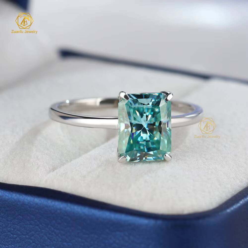 2025 Hot Sale 925 Sterling Silver Green Color Radiant Cut 7x9MM Moissanite Diamond Women Luxury Wedding Moissanite Rings