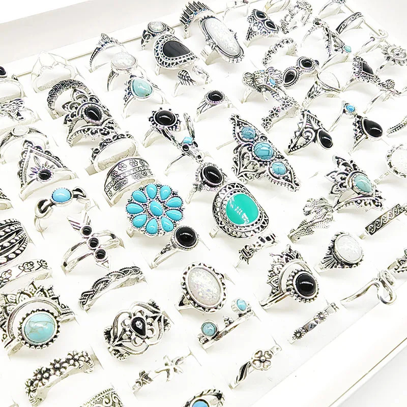 50pcsLot Wholesale n Vintage Black Acrylic Stone Finger Rings For Woman Party White Enamel Personality Bohemia Jewelry 251031