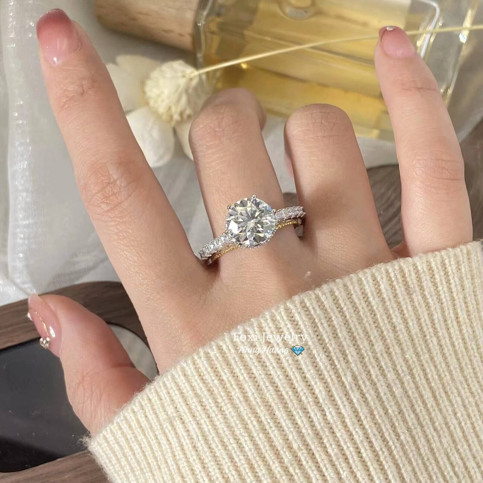 Fine Bridal Jewelry 6 Prong 14K Two Tone VVS Moissanite Diamond Engagement Ring 925 Silver 36CT Classic Wedding Band Ring Gift