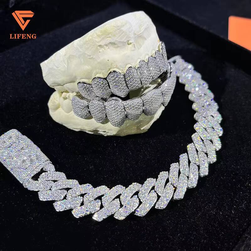 Custom Made Hip Hop Dental Grills Iced Sterling Silver Teeth Grillz VVS Moissanite Diamonds Gold Plating Weddings Engagements