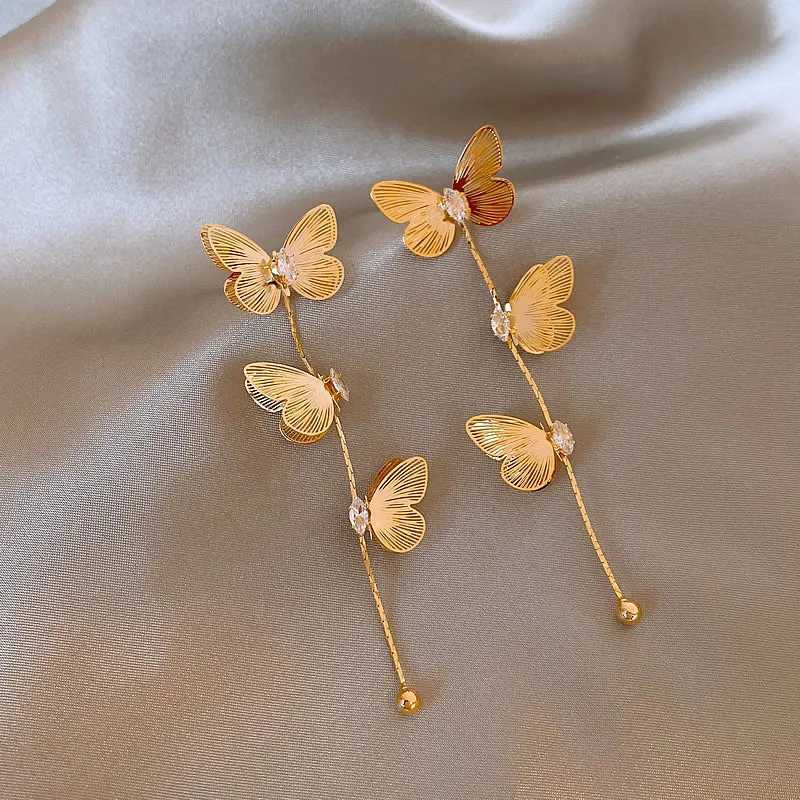 2025 New Arrival Korean Elegant Gold Color Butterfly Long Tassel Stud Earrings For Women Fashion Exquisite Metal Jewelry Gifts Y250401