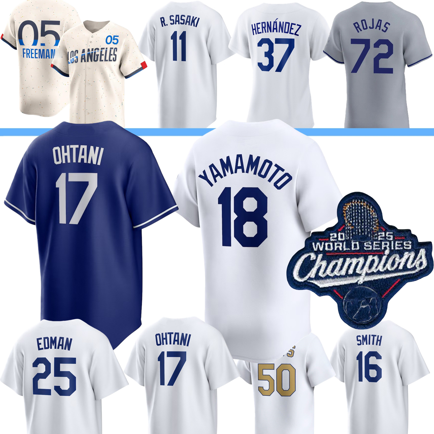 Dodgers Shohei Ohtani Jersey 2025 World Series Champion Mookie Betts Freddie Freeman Yamamoto Miguel Rojas Hernandez Smith Muncy Pages Sasaki Snell Valenzuela