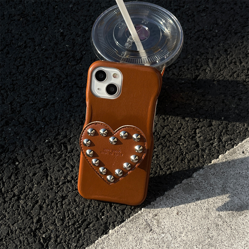 Cowhide Texture Heart Stand iPhone 17/16/15 Pro Max Solid Color Phone Case Compatible with iPhone 14/13/12