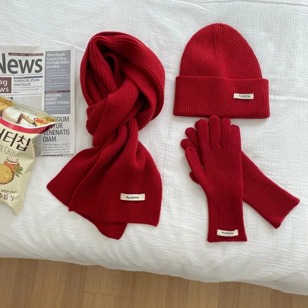 Womens Solid Knitted Hat Scarf Glove Set Warm Autumn Winter Fashion 3 Pcs Lovely Colors Green Blue Red 251028ww