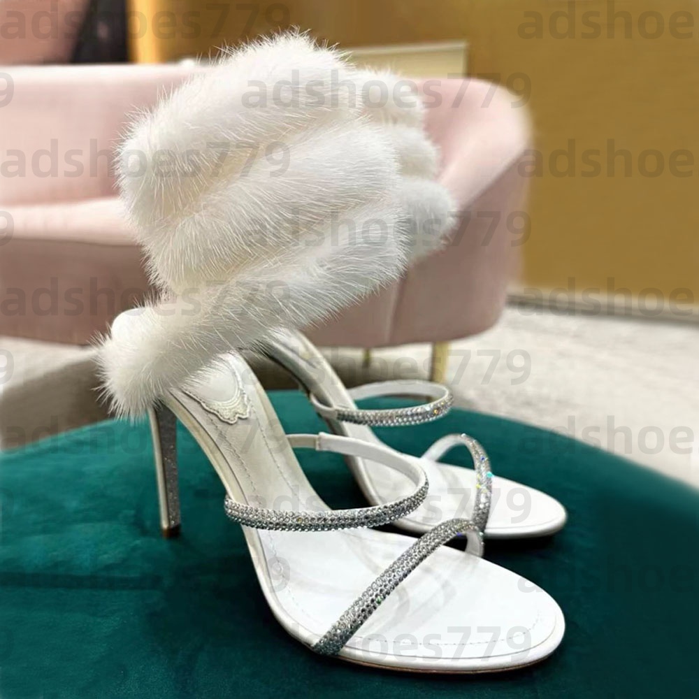 Luxury Women's Stiletto Heel sandals Pumps rhinestones plush Serpentine wrapped ankle strap exposed toes party evening shoes Designer high-heeled sandals
