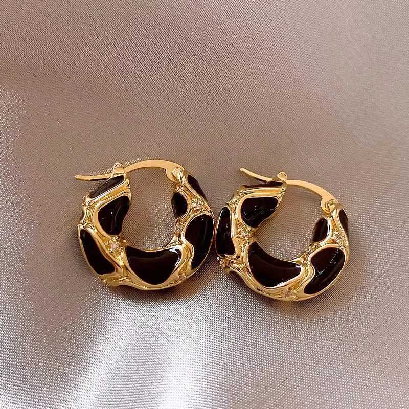 French Light Luxury Enamel Thick Water Diamond Ring Earrings Womens Stainless Steel Hatch Earrings Party Jewelry Wholesale Y250401