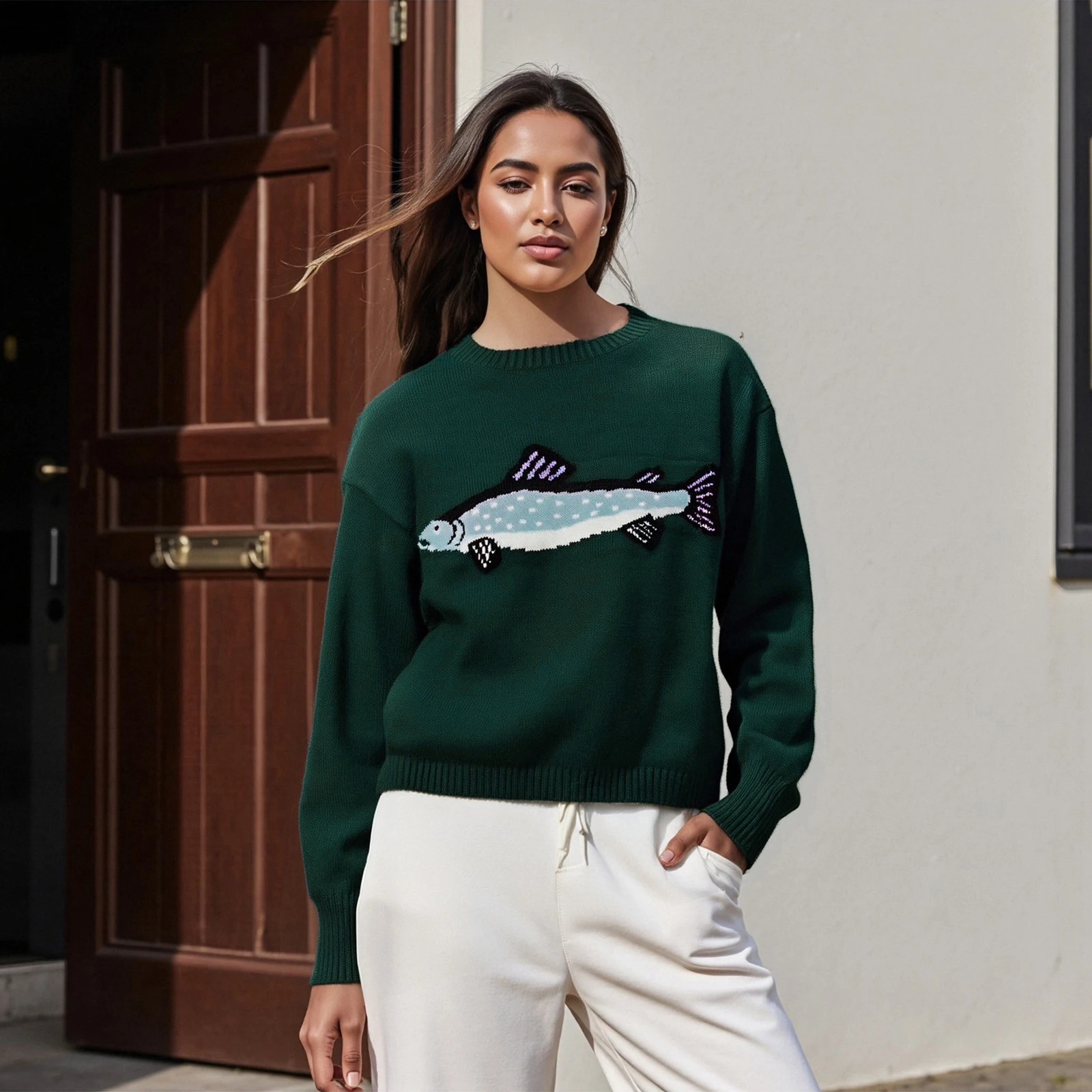 Women Autumn Knitted Fish Print Sweaters Cute Graphic Oversized Knitwear Long Sleeve Pullover Loose Fit Streetwear Y2k Tops 251028
