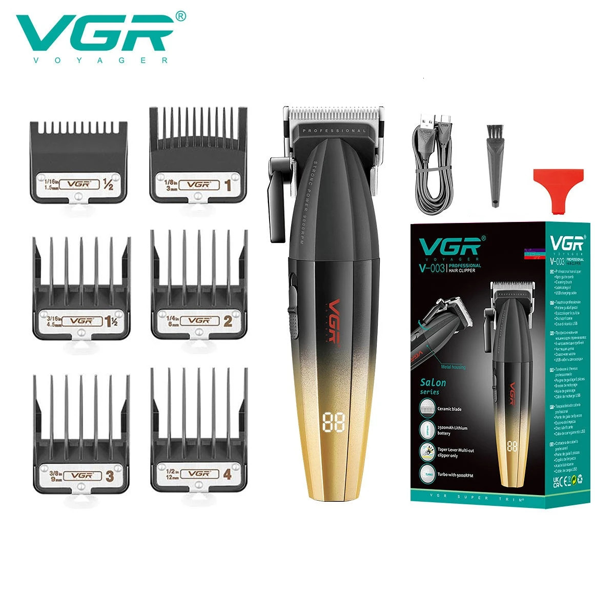VGR Hair Clipper Professional Hair Trimmer Electric Clippers Cordless Hair Cutting Machine 9000RPM Trimmer Clipper for Men V003 251030