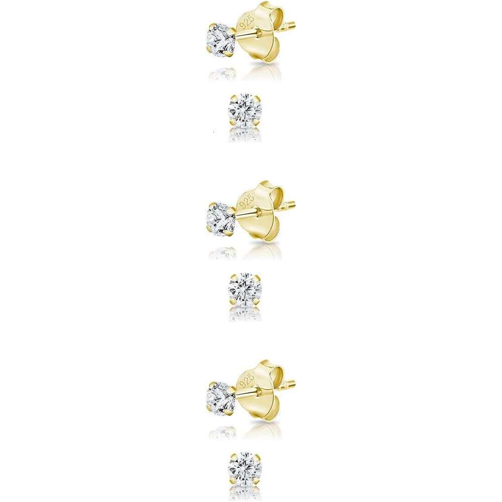 Set 3 PAIRS of Sterg Sier Studs with Cubic Zirconia Crystal CZ Plated Rose Gold Earrings Tiny Clear Stud - Dia Earring for Men and Women 2, 3, 4, 5 mm