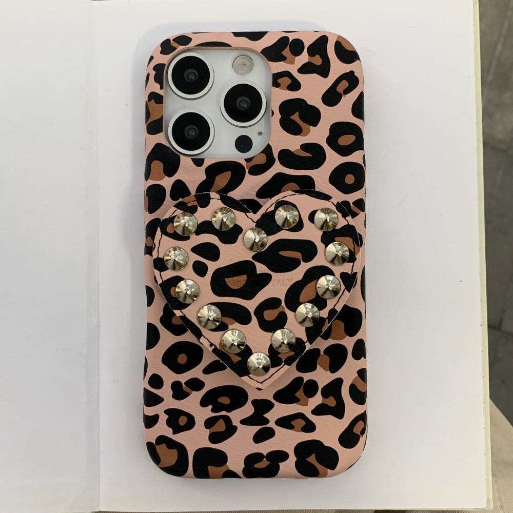 Leopard Print Rivet Heart Stand Phone Case Compatible with iPhone 17/16/15 Simple Shockproof iPhone 14 Cartoon 13