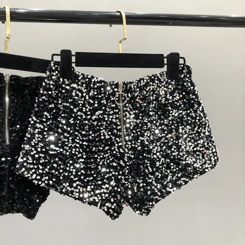 2023 sequined shorts for women with short zippers suitable slim nightclubs and sexy silver black 250402m