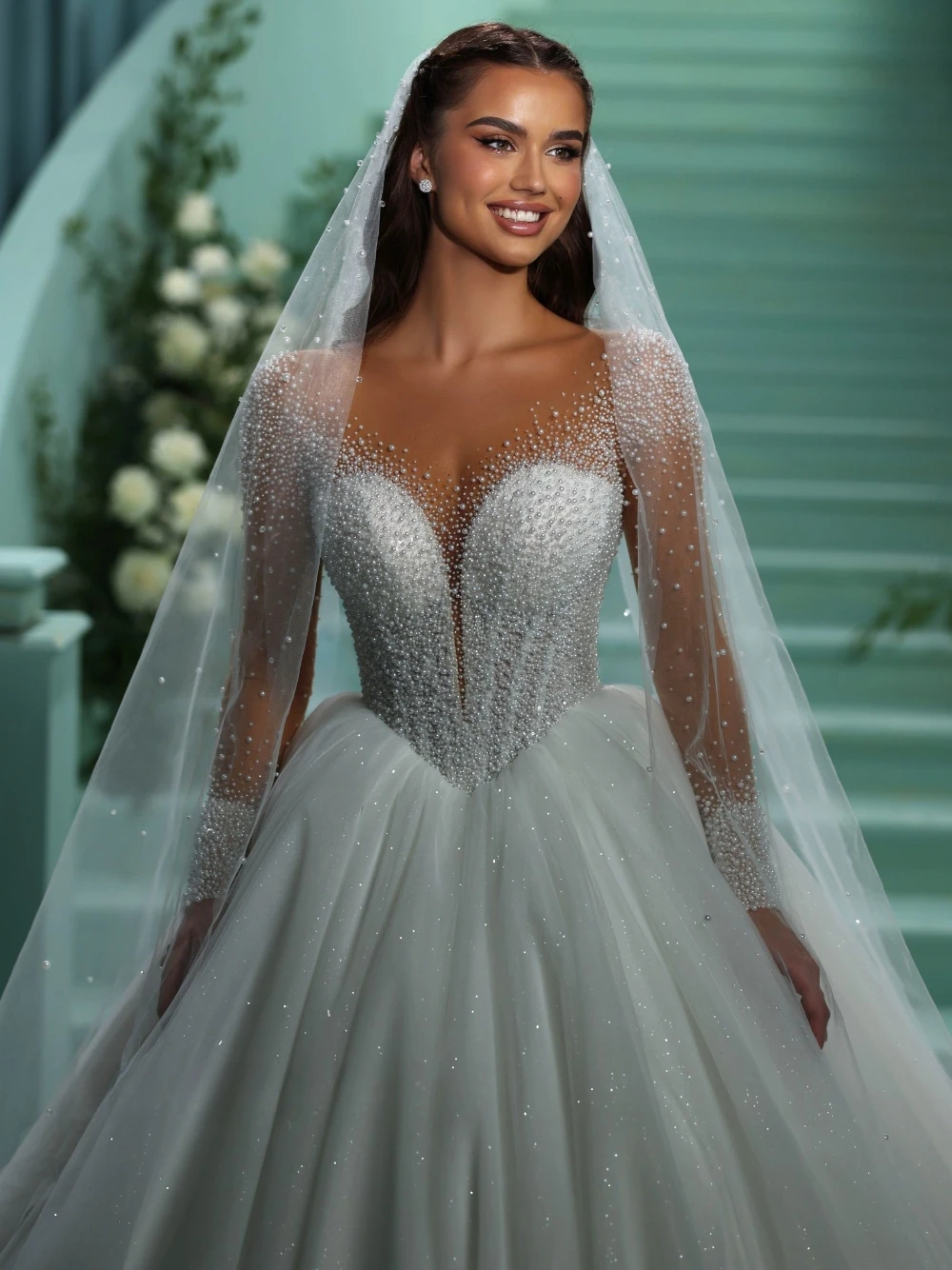 Elegant A Line Wedding Dresses Pearls Bridal Gowns O Neck Sparkly Long Sleeves Bride Dresses Princess Custom Made Sweep Train Plus Size Vestido de nov