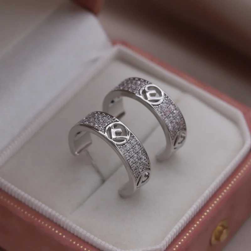 2024 Korean New Design Fashion Jewelry 14K Gold Plated C-shaped Zircon Letter F Earrings Elegant Womens Daily Work Accessories Y250401