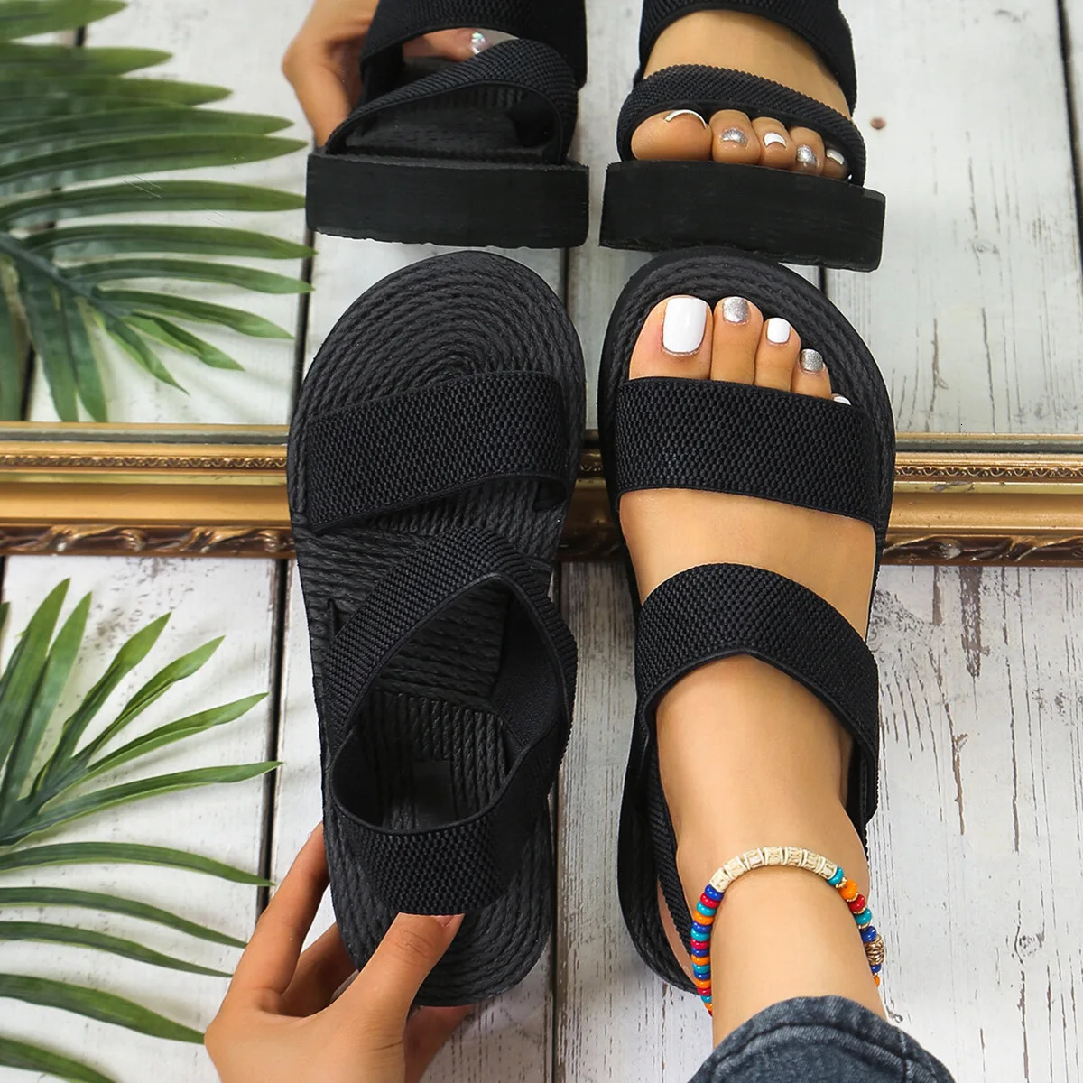 Womens lightweight wedge sandals with open sole thick summer casual suspender shoelaces 250402BJ - view 6