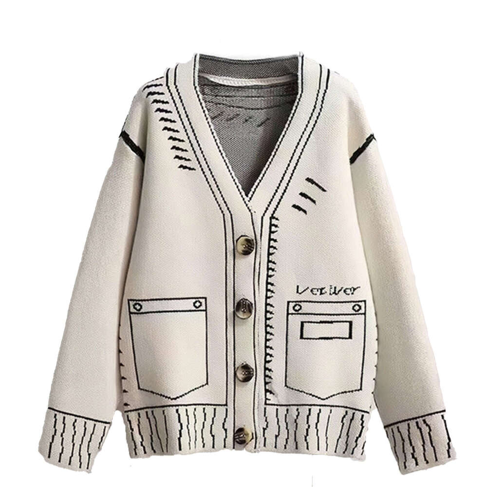 2025 Spring Autumn New Loose Lazy Style Sweater for Women with Pockets in Black and White Oversized Knitted Cardigan Jacket