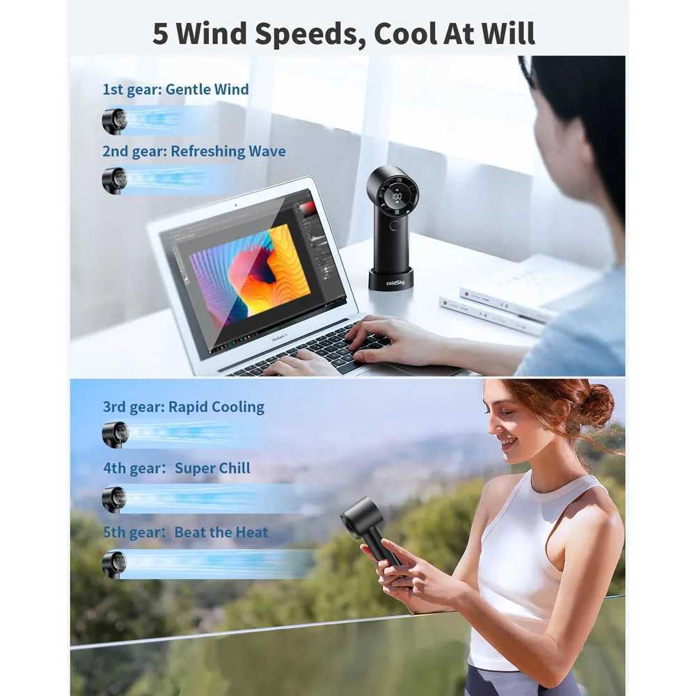 ColdSky portable handheld fan 6000mAh battery powered cooling fan 5-speed adjustable small desktop fan suitable for outdoor travel and home useXJ25040