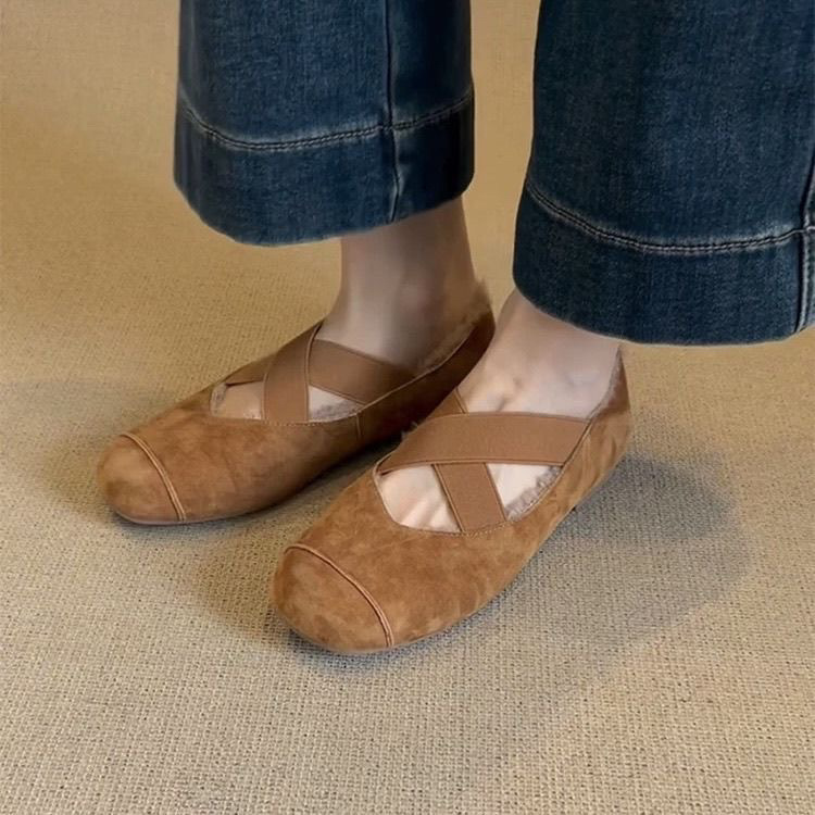 Sheepskin version ~ genuine leather retro fleece warm cross belt one foot slip-on shoes women's frosted flat versatile shoes