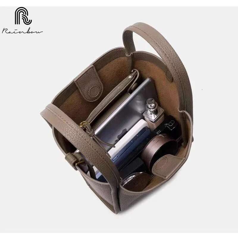 RAINBOW Fashion Women genuine leather New Tide Versatile Solid Color Simple Large Capacity Lock Catch Bucket Bag