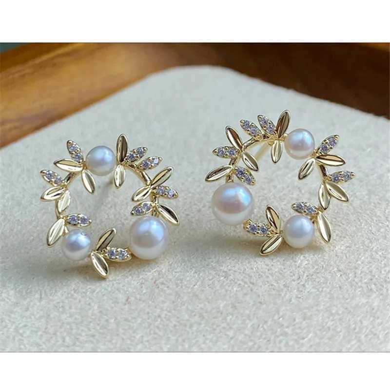 S925 silver plated 18K gold olive leaf flower pearl zircon stud earrings for women vintage French high-end banquet jewelry Y250401