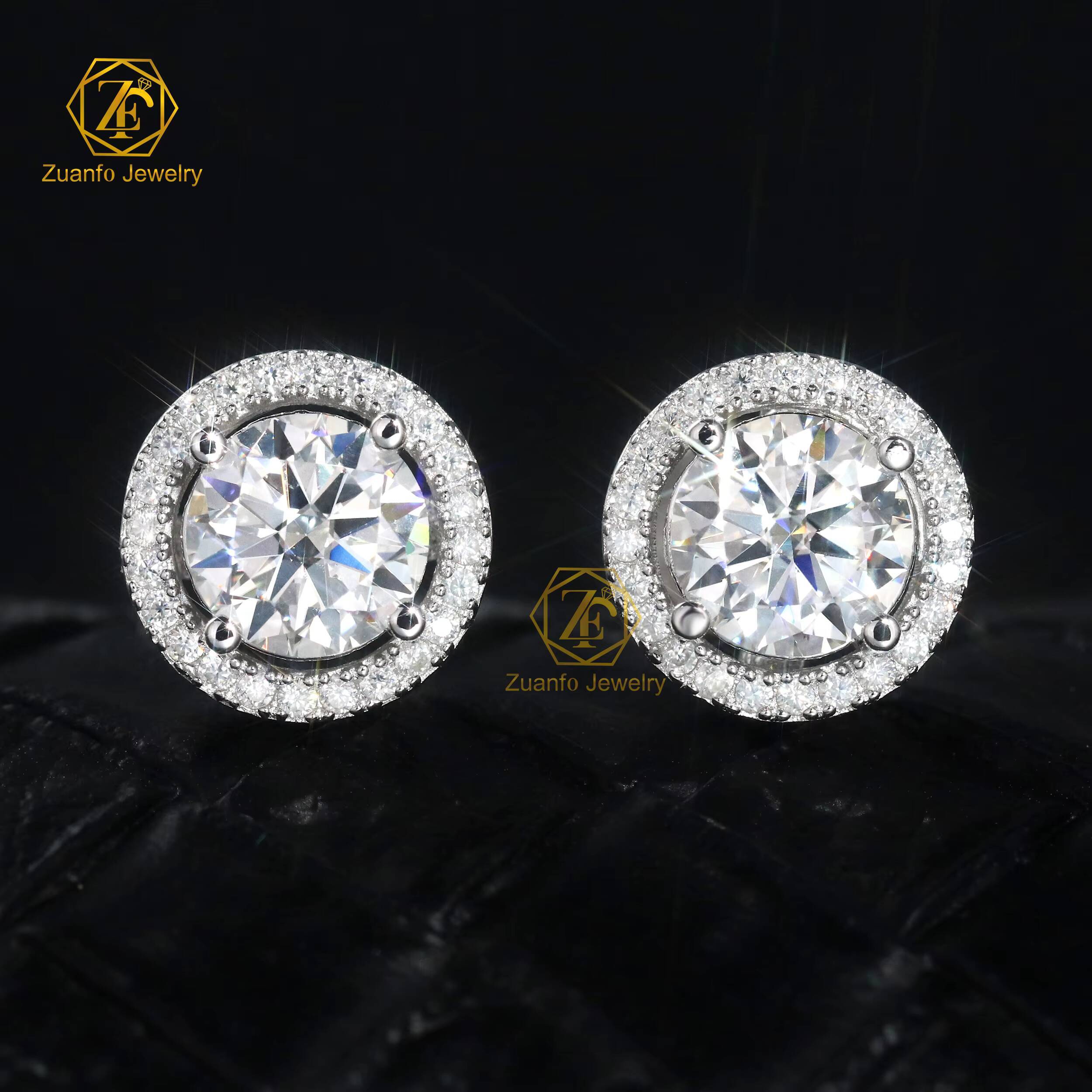 Factory Cheap Price Man Made 925 Sterling Silver 18K Gold Plated 65mm 1CT 2CT D VVS1 GRA Round Halo Moissanite Diamond Earrings