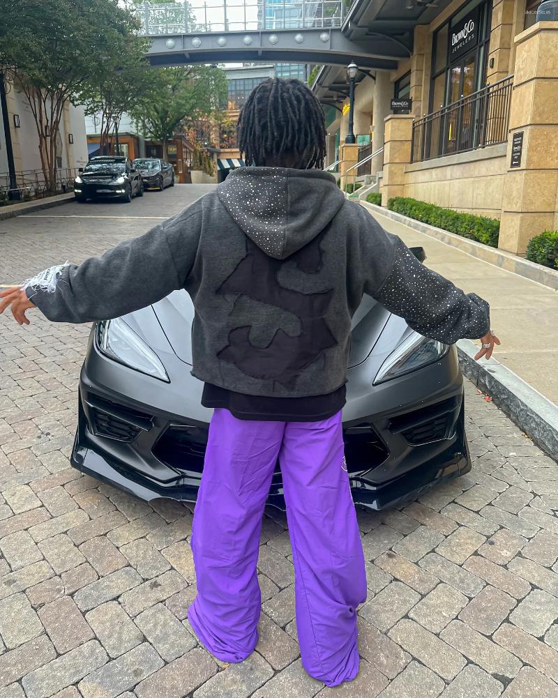 Mens Hoodies FAST MONEY INVERSE Letter Patchwork Gothic Zipper Hoodie Black Loose Rhinestone Embroidery Crop Top Retro Street R250714